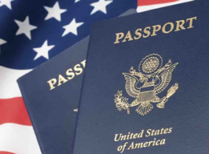 US passports on American flag